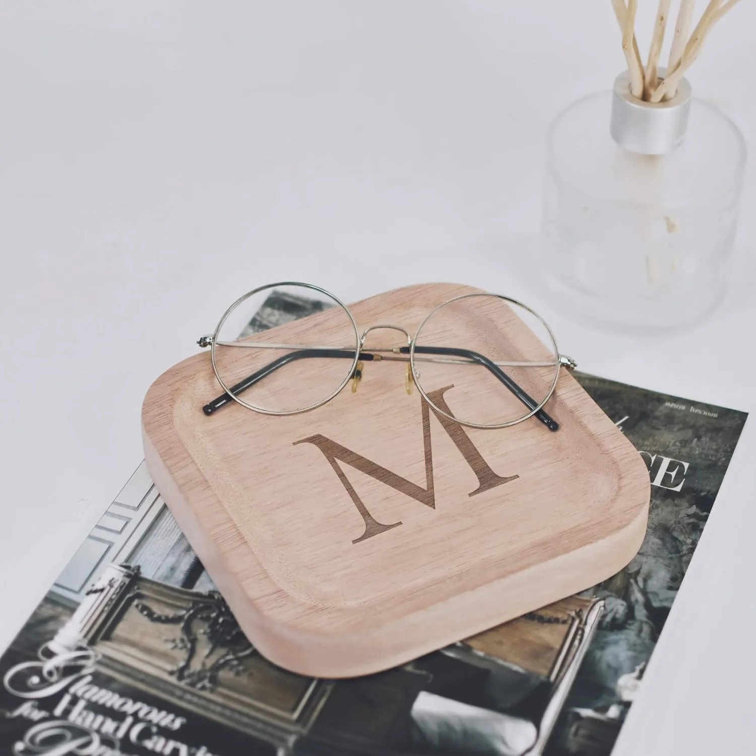 Dish Gifts For Rings Earrings Necklaces Bracelet shear electroencephalogram hill Watch Holder (6"x6" Sq Natural M) I'm Solid Wood Personalized Initial Letter Jewelry Display Tray Decorative Trinket 