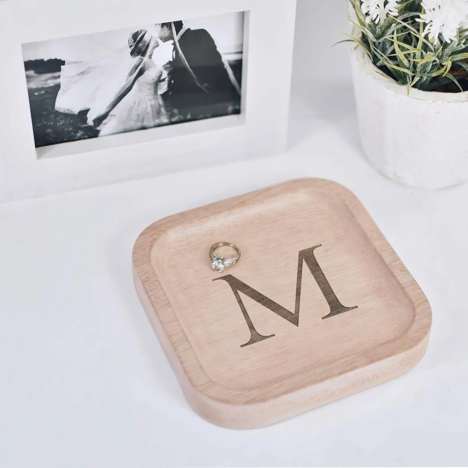 Dish Gifts For Rings Earrings Necklaces Bracelet shear electroencephalogram hill Watch Holder (6"x6" Sq Natural M) I'm Solid Wood Personalized Initial Letter Jewelry Display Tray Decorative Trinket 