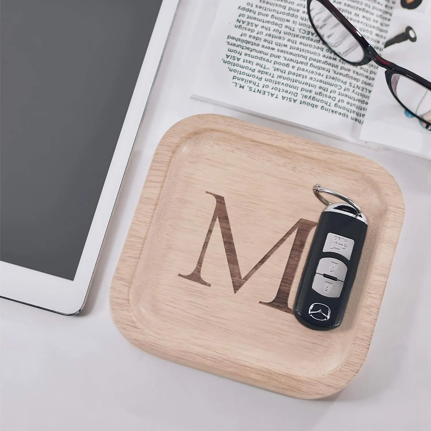 Dish Gifts For Rings Earrings Necklaces Bracelet shear electroencephalogram hill Watch Holder (6"x6" Sq Natural M) I'm Solid Wood Personalized Initial Letter Jewelry Display Tray Decorative Trinket 