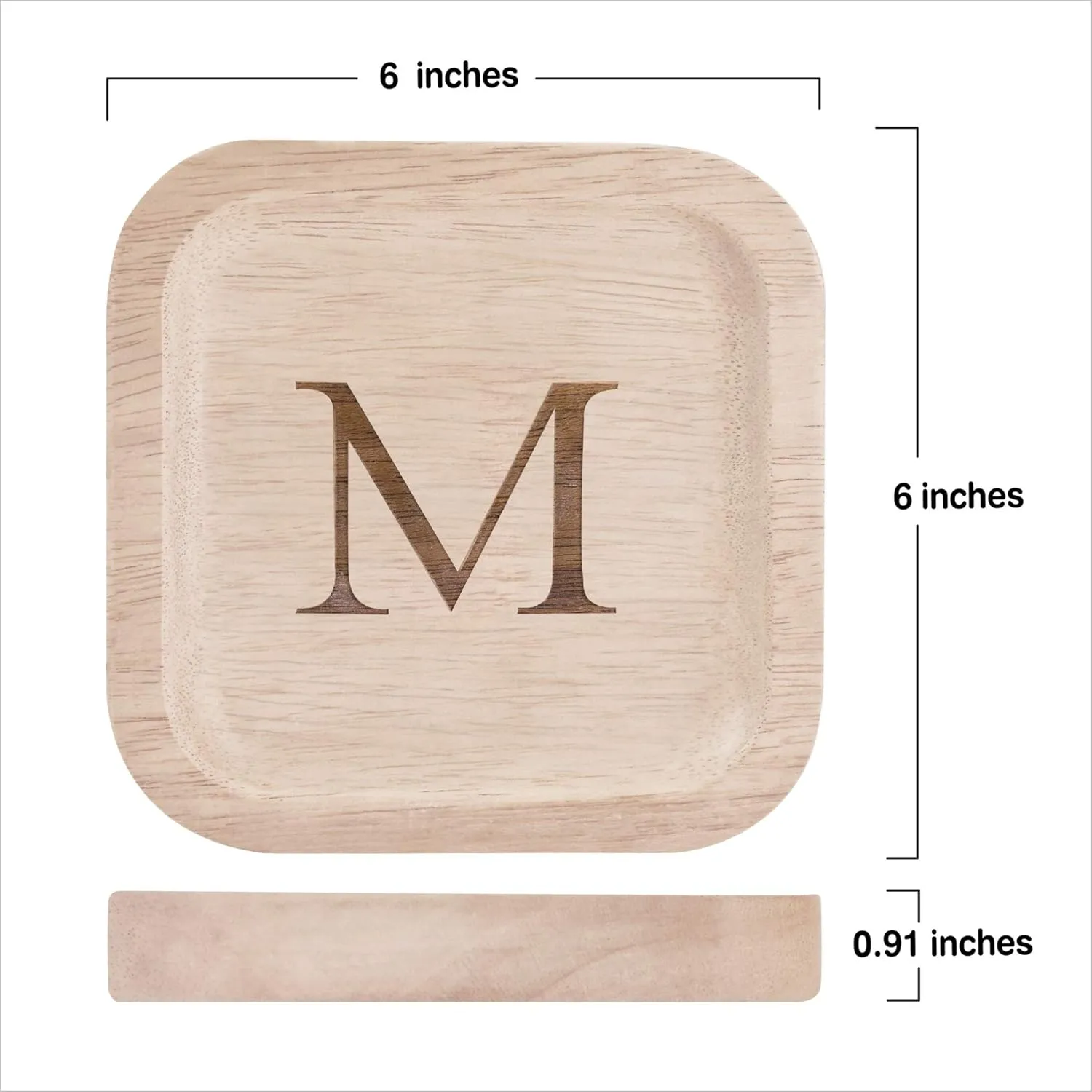 Dish Gifts For Rings Earrings Necklaces Bracelet shear electroencephalogram hill Watch Holder (6"x6" Sq Natural M) I'm Solid Wood Personalized Initial Letter Jewelry Display Tray Decorative Trinket 