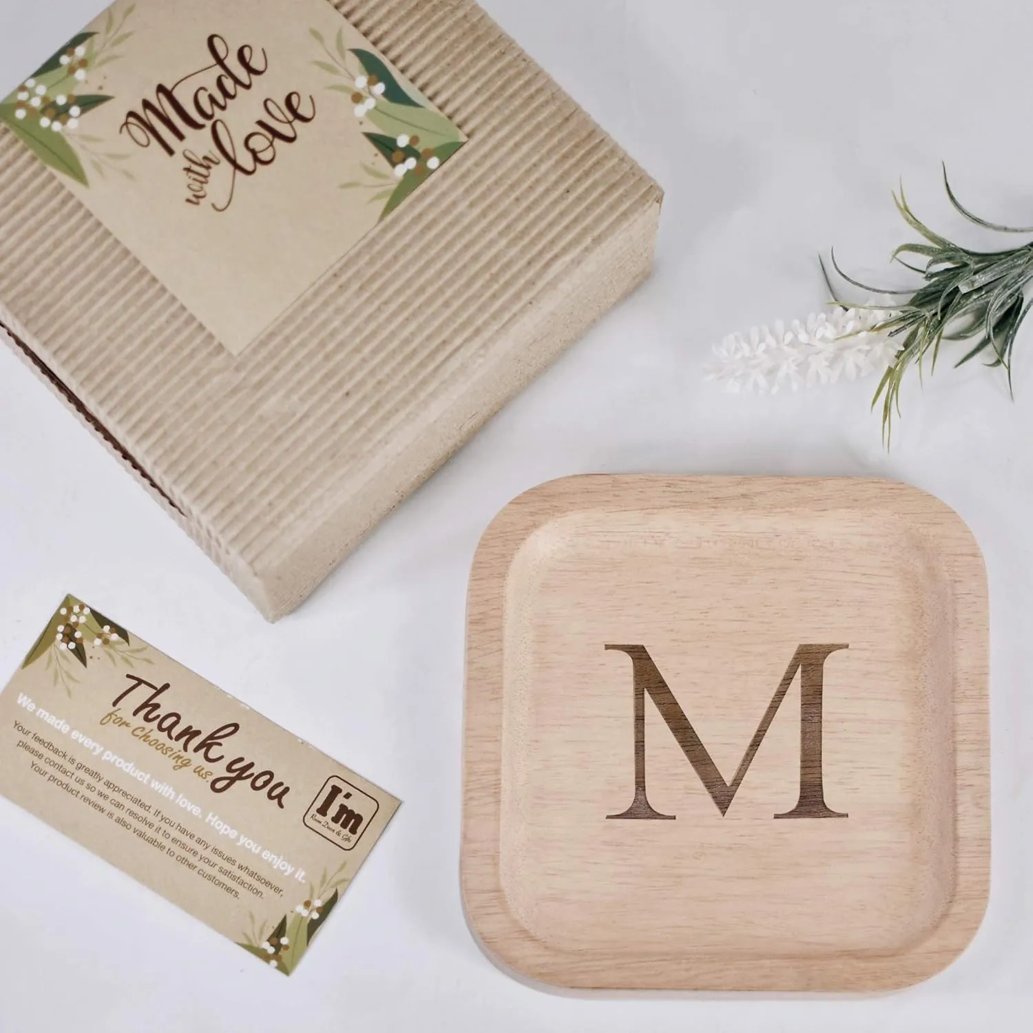 Dish Gifts For Rings Earrings Necklaces Bracelet shear electroencephalogram hill Watch Holder (6"x6" Sq Natural M) I'm Solid Wood Personalized Initial Letter Jewelry Display Tray Decorative Trinket 