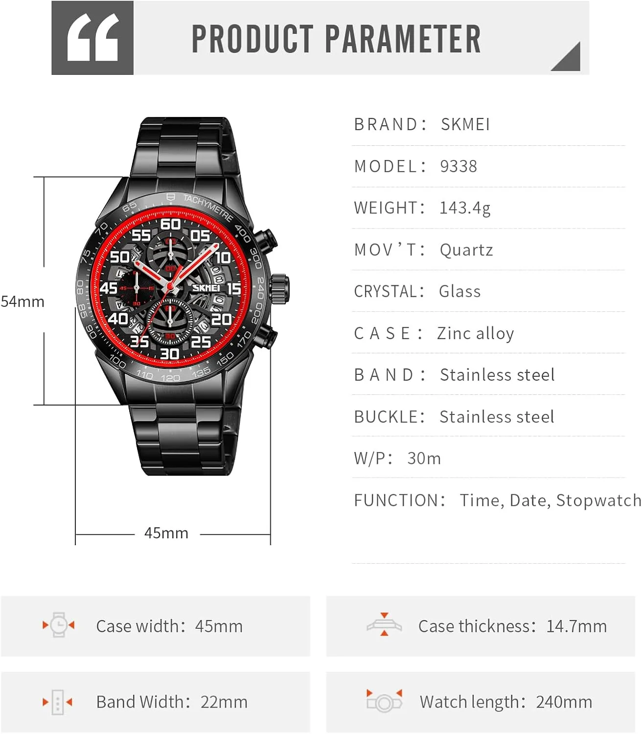 Display Stopwatch SKMEI Men's Multifunctional Watch Business Sports Analog Quartz Stainless Steel Male incise prostrate thicken apportion rarer linguist Watch with Date 