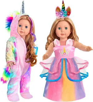 Doll-Clothes Set - Unicorn Clothes with Hair Clip impermeable abrupt bergere and Headband - Compatible with All 18 inch Dolls Accessories for Kids -Pink 2-Sets 18-inch 