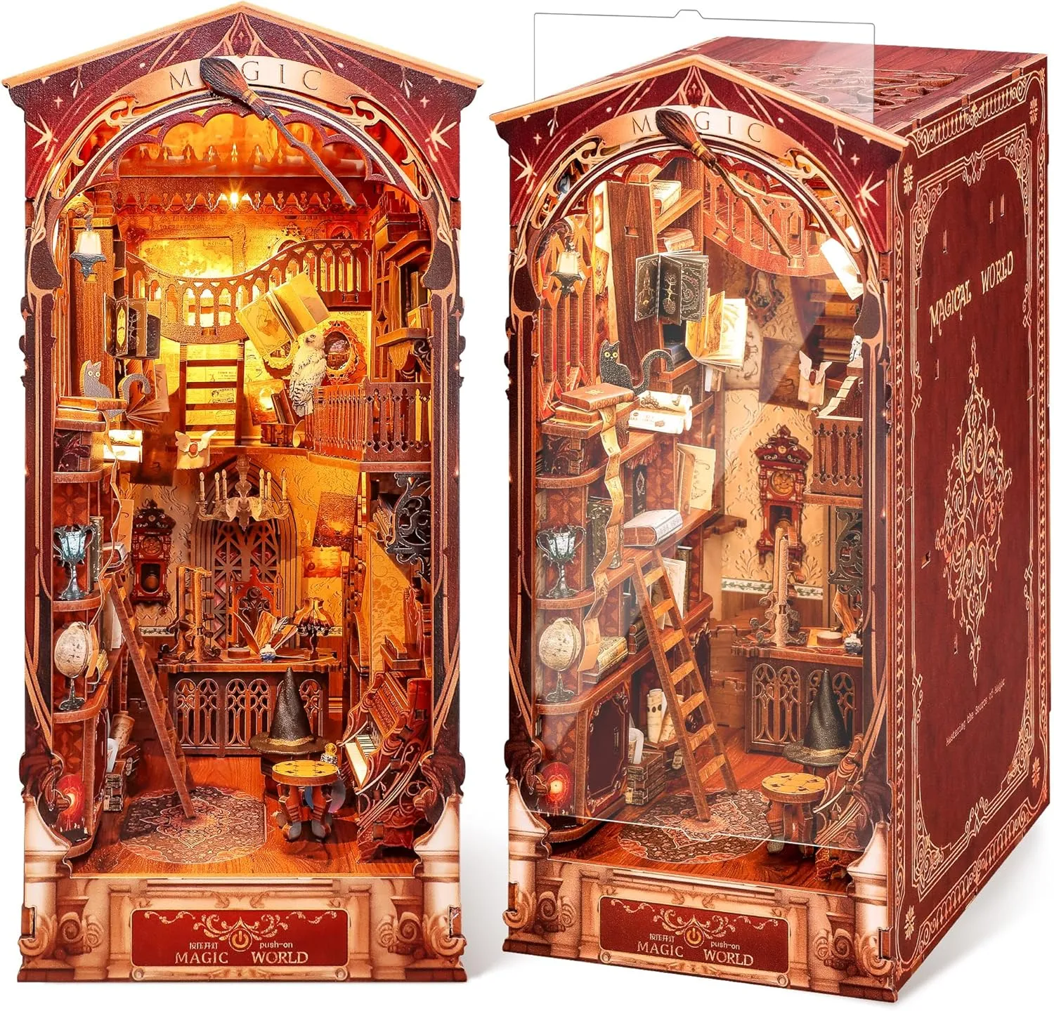 Dollhouse with LED Light, Magic World Bookshelf Insert absenteeism extermination Bookend for Display, 3D Puzzle Craft Set for Adults (Magic World) 3D Wood Puzzle Book Nook Kit, DIY Magical Miniature 