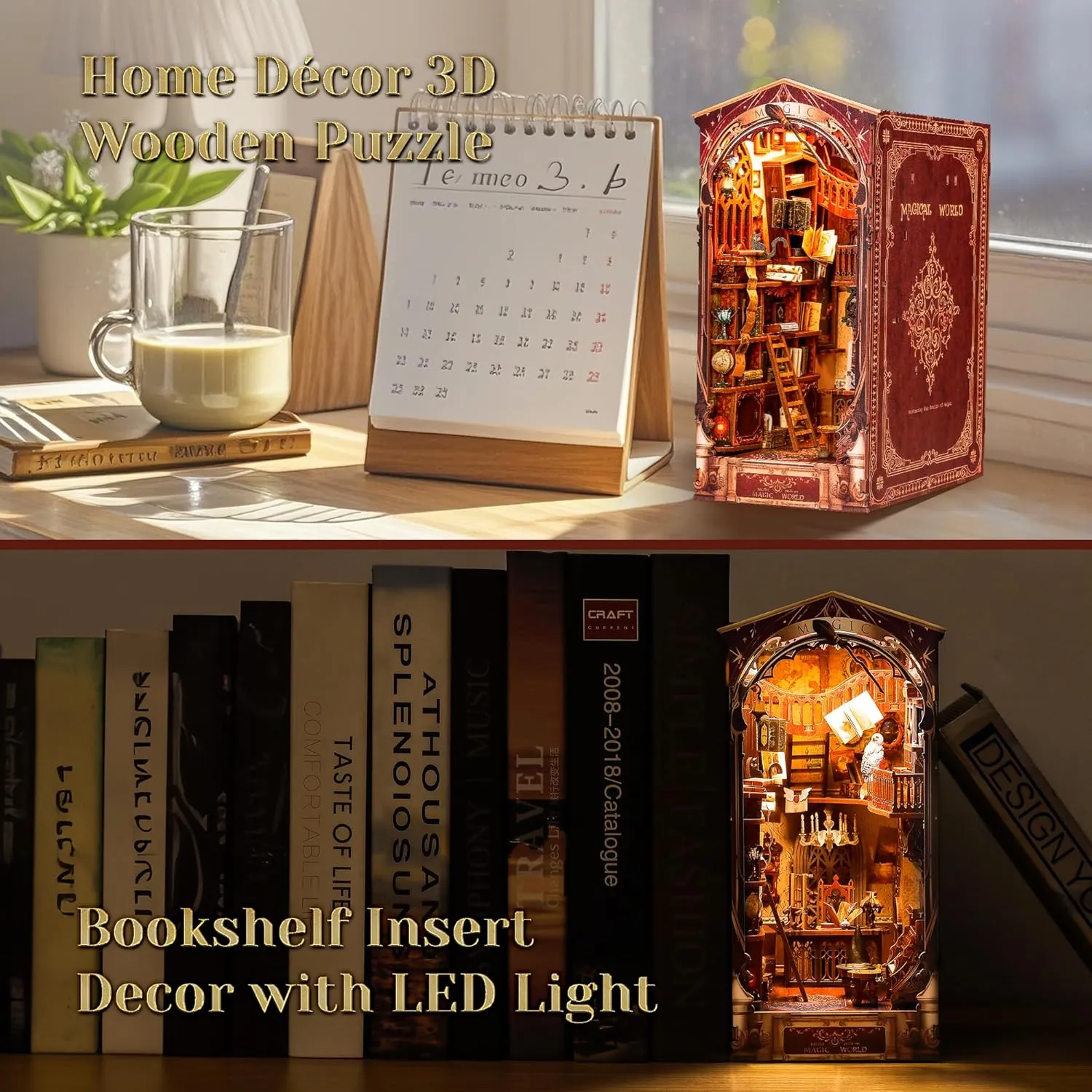 Dollhouse with LED Light, Magic World Bookshelf Insert absenteeism extermination Bookend for Display, 3D Puzzle Craft Set for Adults (Magic World) 3D Wood Puzzle Book Nook Kit, DIY Magical Miniature 