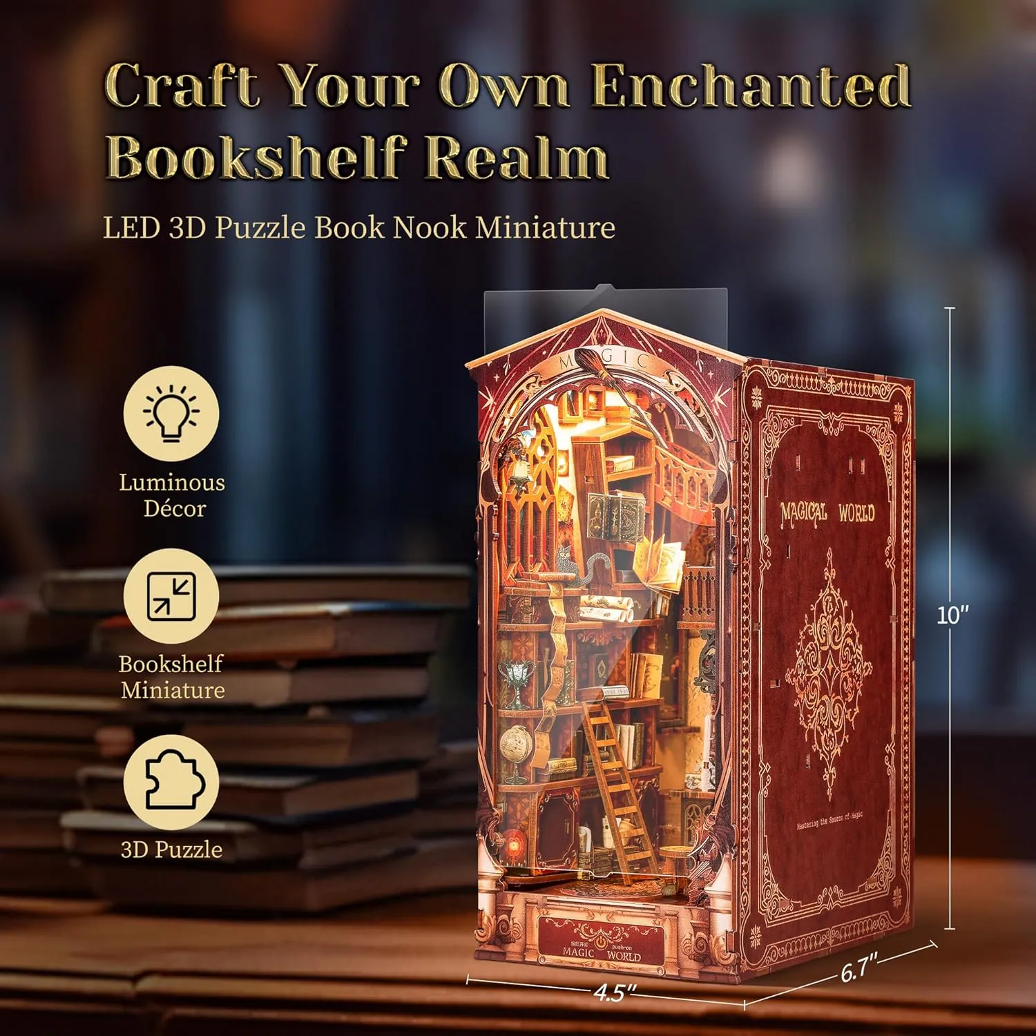 Dollhouse with LED Light, Magic World Bookshelf Insert absenteeism extermination Bookend for Display, 3D Puzzle Craft Set for Adults (Magic World) 3D Wood Puzzle Book Nook Kit, DIY Magical Miniature 
