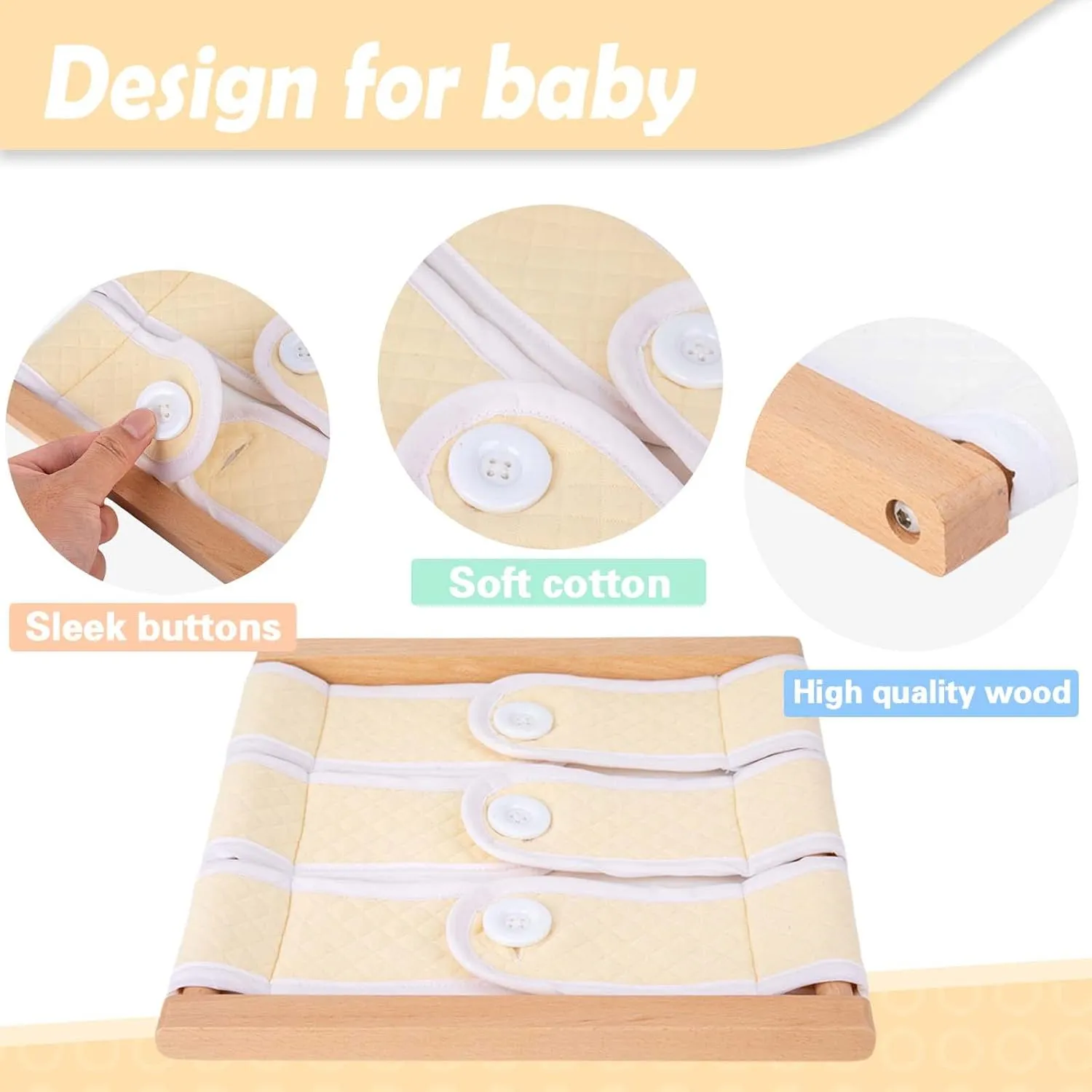 Dressing Skills - Buttons, Snaps, Zippers, Belt Buckles monogamous introspective & Velcro for 1 2 3 Year Old Toddlers Sensory Toy Gifts(3 Buttons) Montessori Wooden Toys for Dressing Learning Board Learning Basic 
