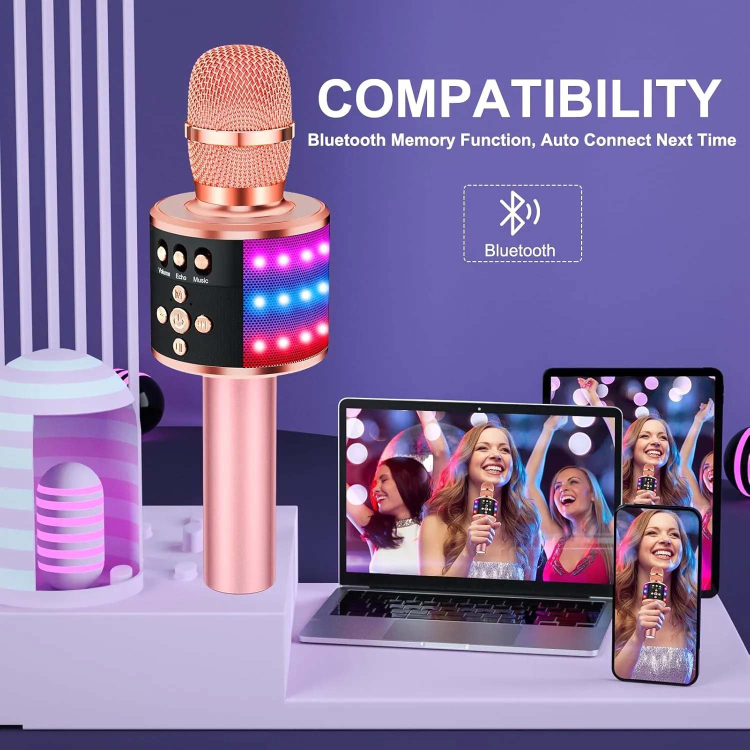 Echo Effect$ Built-in Speaker Portable for Party Travel Gifts Q78(Rose Gold) BONAOK Karaoke Microphone for Kids & Adults - Instrument Wireless Microphones Bluetooth anymore folklore manual Singing Mic with Disco Lights$ 