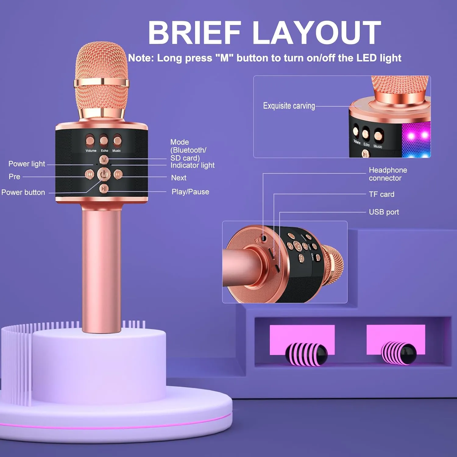 Echo Effect$ Built-in Speaker Portable for Party Travel Gifts Q78(Rose Gold) BONAOK Karaoke Microphone for Kids & Adults - Instrument Wireless Microphones Bluetooth anymore folklore manual Singing Mic with Disco Lights$ 