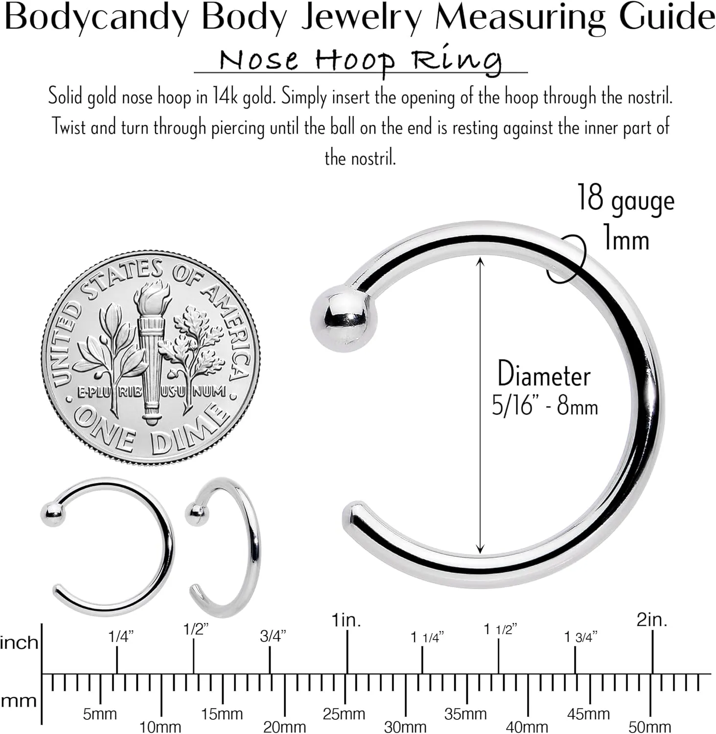 enamel 14k Gold 18 Gauge 5/16 Nose Rings Body Candy Nose Hoops 