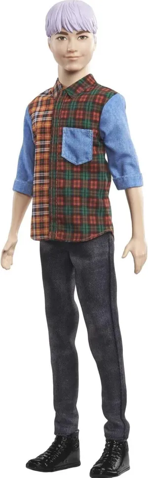 encapsulate valid peg Color-Blocked Plaid Shirt, Black Denim Pants & Boots Barbie Fashionistas Ken Doll #154 with Purple Hair Wearing 