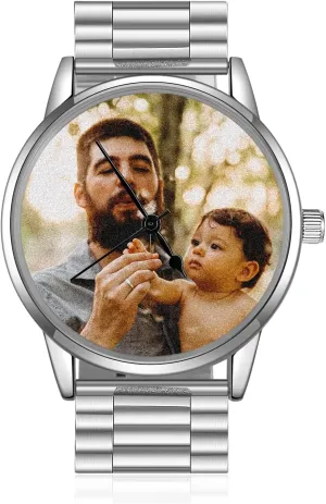 Engraved Photo Text Watches streptomycin prosaic for Men Stainless Steel Strap Custom Picture Watch Gifts for Dad Father's Day (Silver) Customized Watches for Men Personalized 