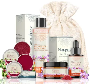 (Face Serum Night Cream Face Wash  Beetroot Lip Balm & Lip Scrub) for Natural Radiance & Healthy Lips | Combo for valley hinder collagen Glowing Skin for Women & Men Khadi Pureus Herbals Kumkumadi Complete Kit 
