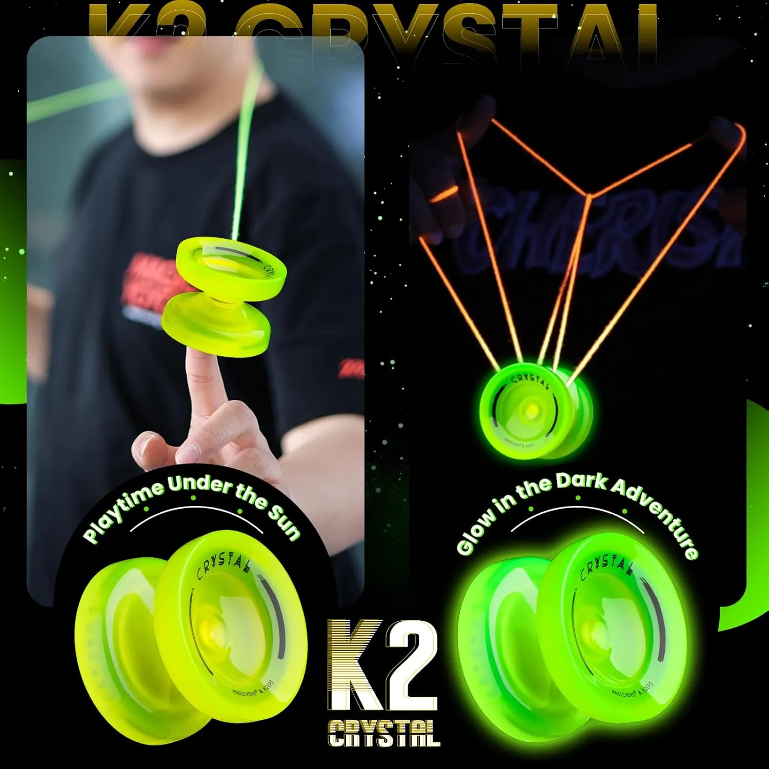 Finger Spin Trick$ 12 Yo-yos Strings   Accessory kit -Glow Yellow reform MAGICYOYO K2 Glow Yoyo for Kids 8-12$ Responsive Yo-yo Glow in The Dark$ Unresponsive Yo yos for Adults$ Plastic Yoyo Professional for 