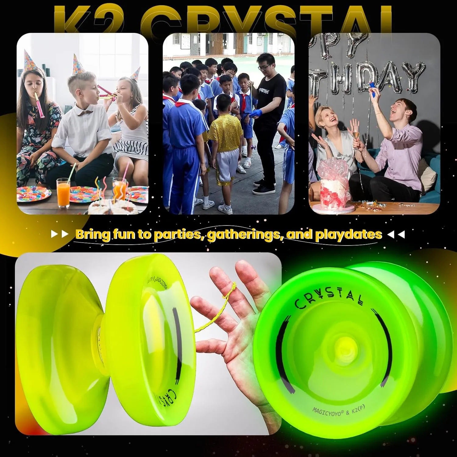 Finger Spin Trick$ 12 Yo-yos Strings   Accessory kit -Glow Yellow reform MAGICYOYO K2 Glow Yoyo for Kids 8-12$ Responsive Yo-yo Glow in The Dark$ Unresponsive Yo yos for Adults$ Plastic Yoyo Professional for 