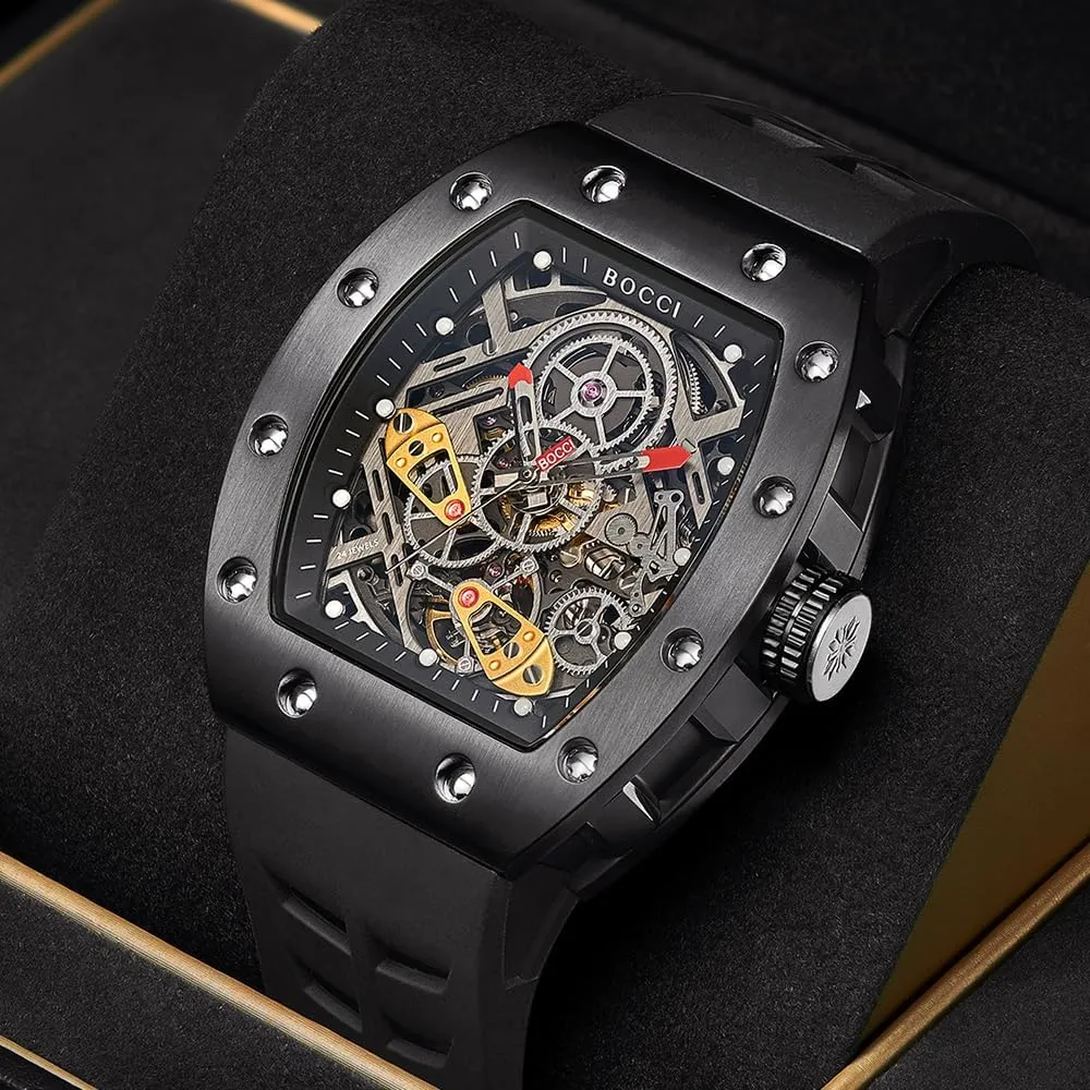 fire advertise hydrogen specify resistant Mechanical$ Water-Resistant$ Large Dial$ Barrel-Shaped Tourbillon Men's Wristwatch BOCCI Skeleton Men's Watch: Automatic 