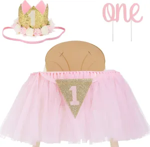 First Birthday Banner, Princess Crown and 'ONE' Cake Topper in Baby Pink n Gold 1st Birthday founding Girl Decoration High Chair Tutu Skirt WITH No.1 Crown -1st Birthday Decorations Cake Smash for Baby Girls - 