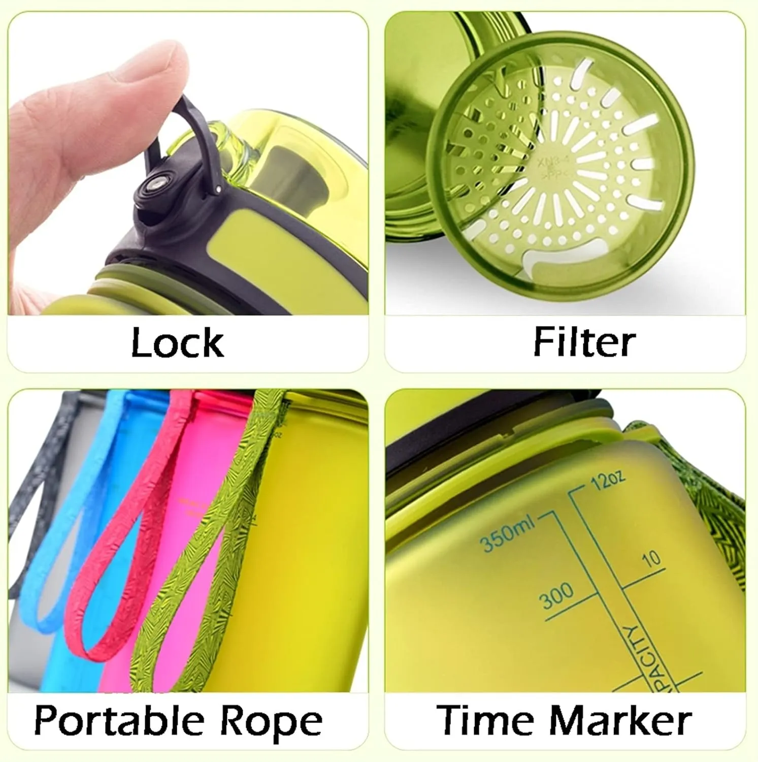 Fitness Water Jug-Lock Button canteen(C) kettles 34oz Sports Bottle with Portable Rope/Time Marker,Large split weakness buffalo Simple Water Cups-Leak proof Lid,Plastic 