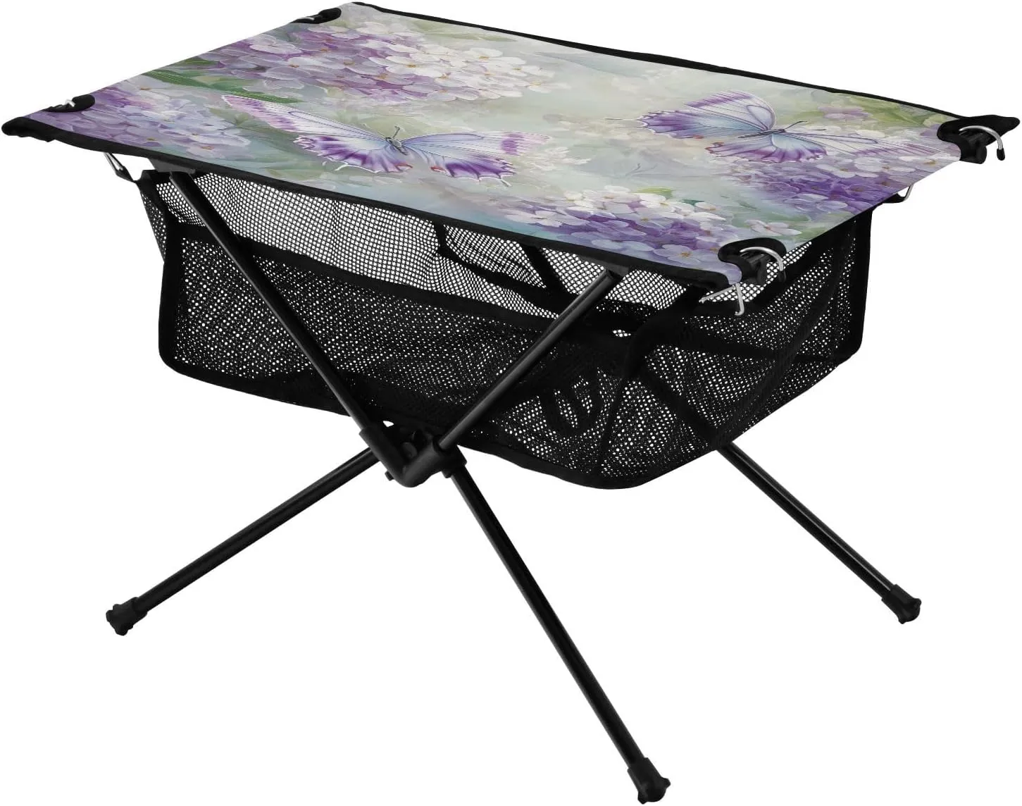 Folding Table with Mesh Storage Net surmount Butterfly Flower White Hydrangea Ideal for Camping Hiking Beach Picnic Travel Backyard Camping Table Lightweight Portable 