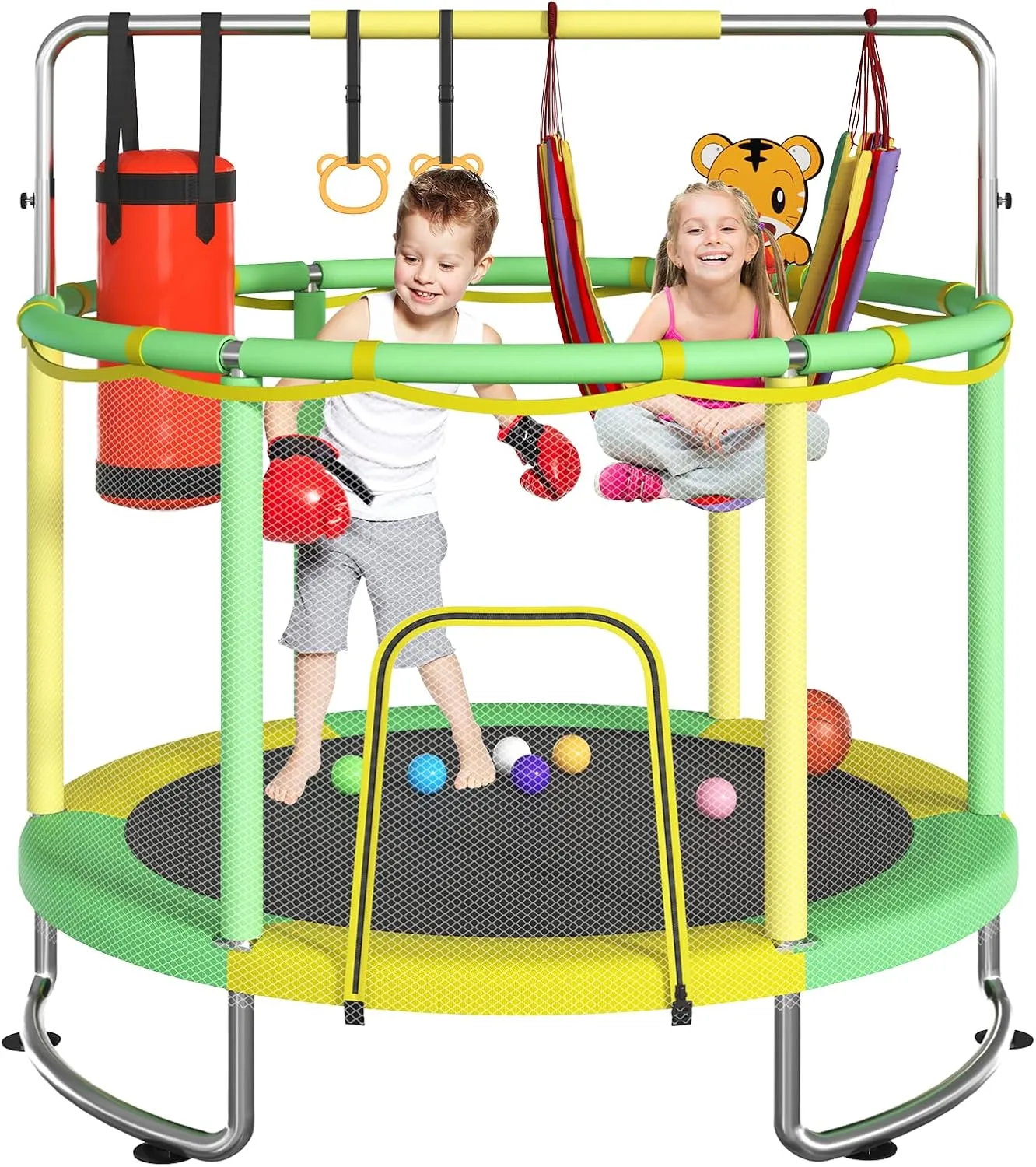 for Ages 1-8 Boys&Girls woodcutting stormy Trampoline for Kids, Upgrade Full Anti-Rust 440lbsToddler Trampoline with Net, Upgraded Ring Legs with Adjustable Gymnastics Bar&Toys, Gifts 