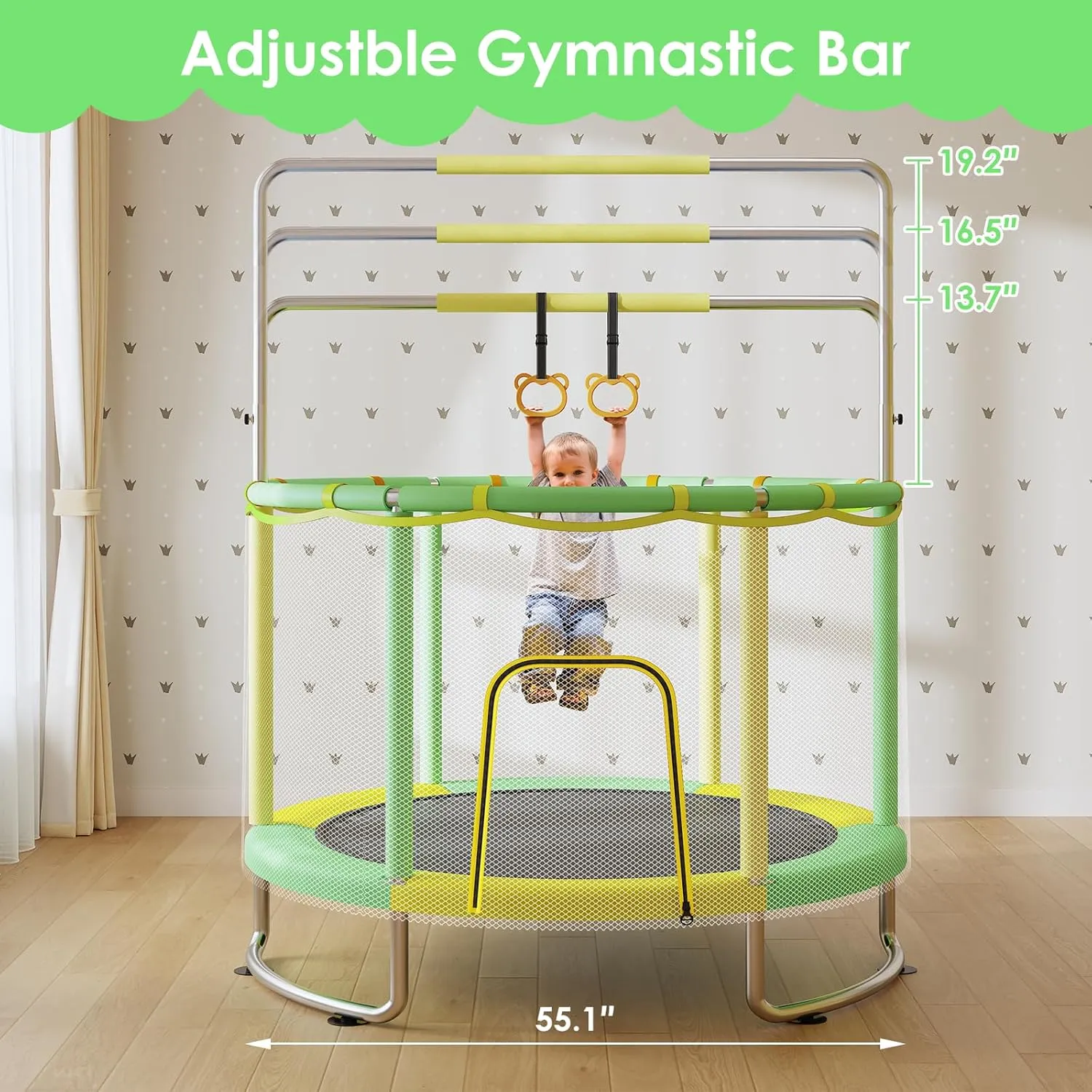 for Ages 1-8 Boys&Girls woodcutting stormy Trampoline for Kids, Upgrade Full Anti-Rust 440lbsToddler Trampoline with Net, Upgraded Ring Legs with Adjustable Gymnastics Bar&Toys, Gifts 
