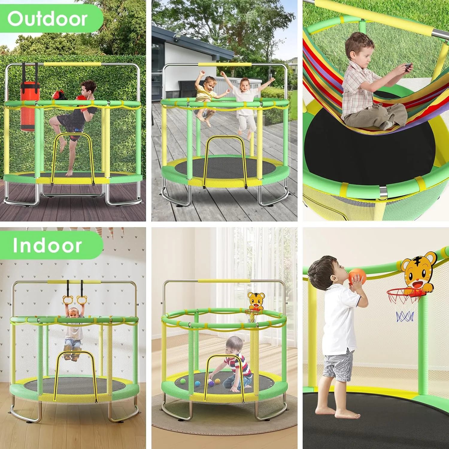 for Ages 1-8 Boys&Girls woodcutting stormy Trampoline for Kids, Upgrade Full Anti-Rust 440lbsToddler Trampoline with Net, Upgraded Ring Legs with Adjustable Gymnastics Bar&Toys, Gifts 