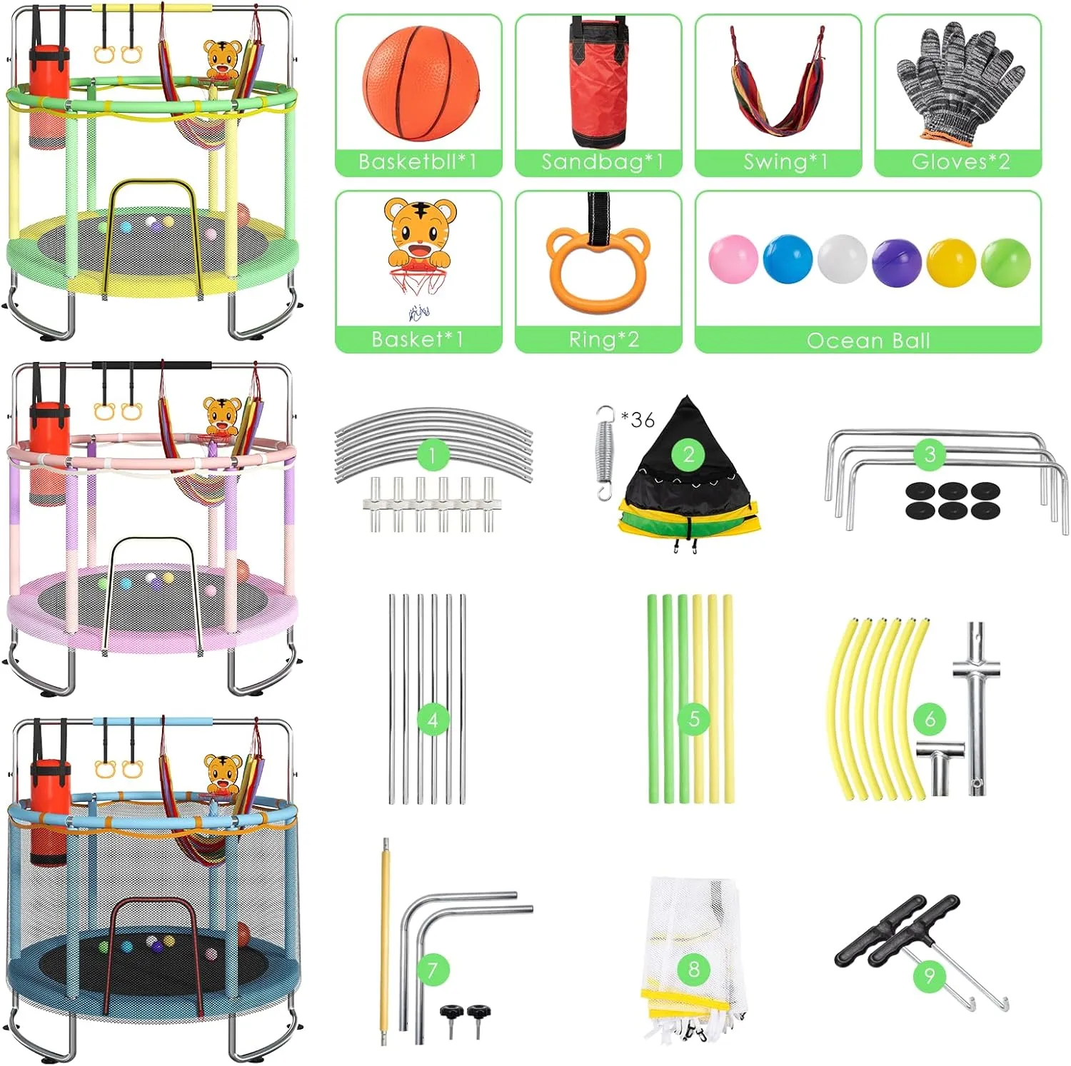 for Ages 1-8 Boys&Girls woodcutting stormy Trampoline for Kids, Upgrade Full Anti-Rust 440lbsToddler Trampoline with Net, Upgraded Ring Legs with Adjustable Gymnastics Bar&Toys, Gifts 
