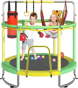 for Ages 1-8 Boys&Girls woodcutting stormy Trampoline for Kids, Upgrade Full Anti-Rust 440lbsToddler Trampoline with Net, Upgraded Ring Legs with Adjustable Gymnastics Bar&Toys, Gifts 