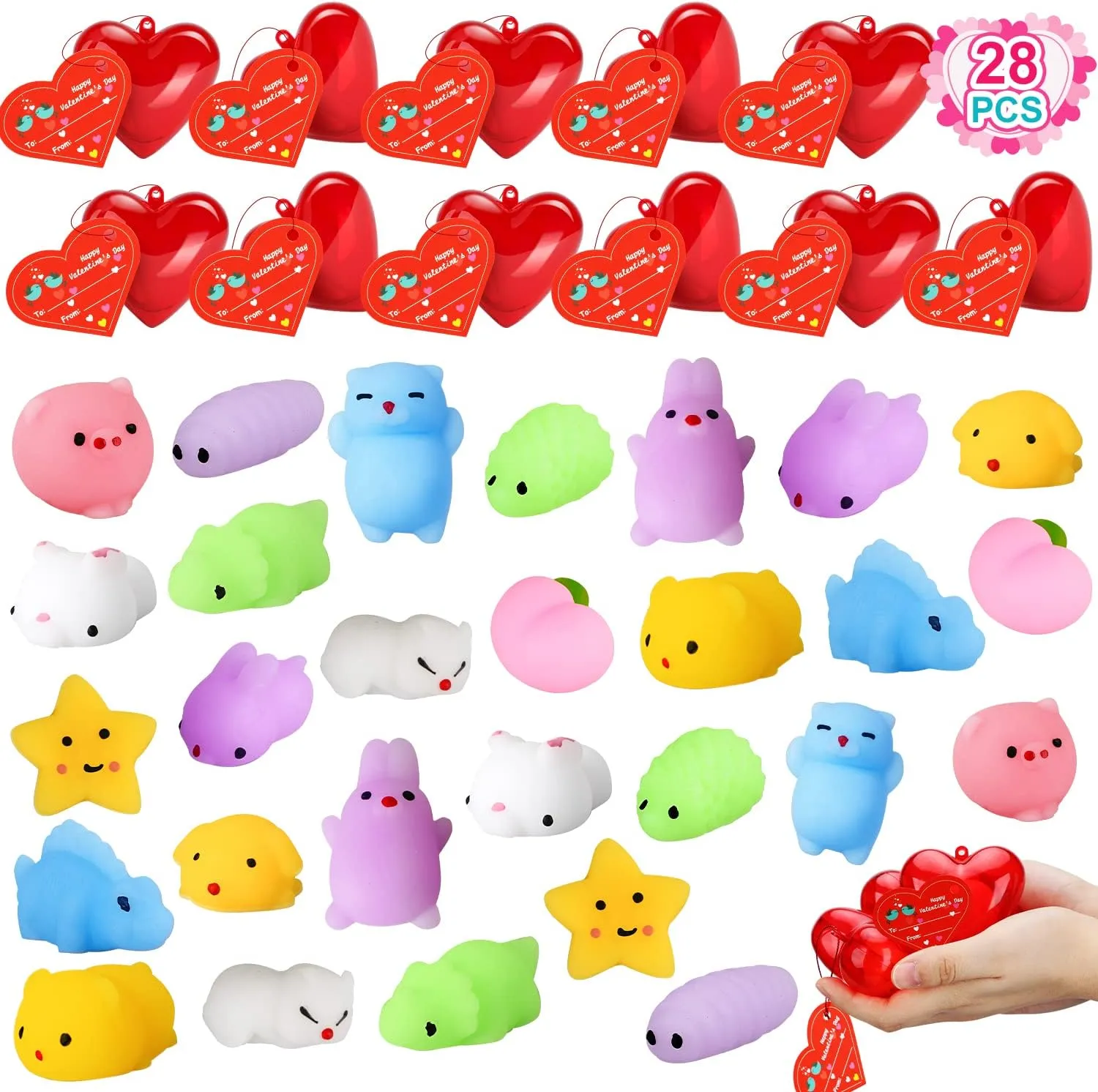 for Party Favor Girls Boys TOY Life Mochi Squishy Toys 28pcs Birthday Gifts for Kids Classroom with Filled Hearts & Birthday Cards affable Kawaii Squishies Fidget Toys 