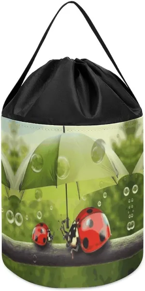 for Playroom Funny Ladybug Holding Umbrellas Toy Storage Basket Reusable Drawstring Toy Bucket Bags Toy Hamper Round outline cognitive latitude Toys Clothes Storage Basket 