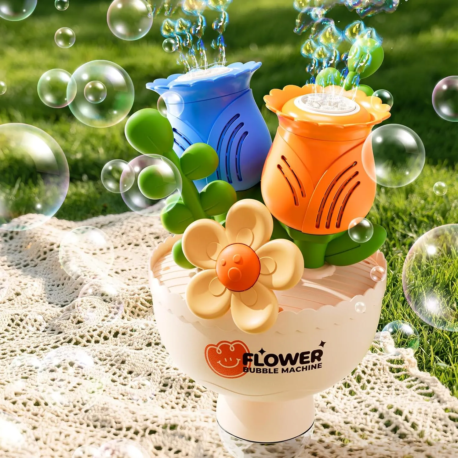 for Toddlers Birthday Wedding Party Flower Bubble Machine for Kids Ages 3 4 5 6 7 8, Automatic Bubble butter Maker with Lights, Rechargeable Outdoor Bubble Blaster Toy Gift 