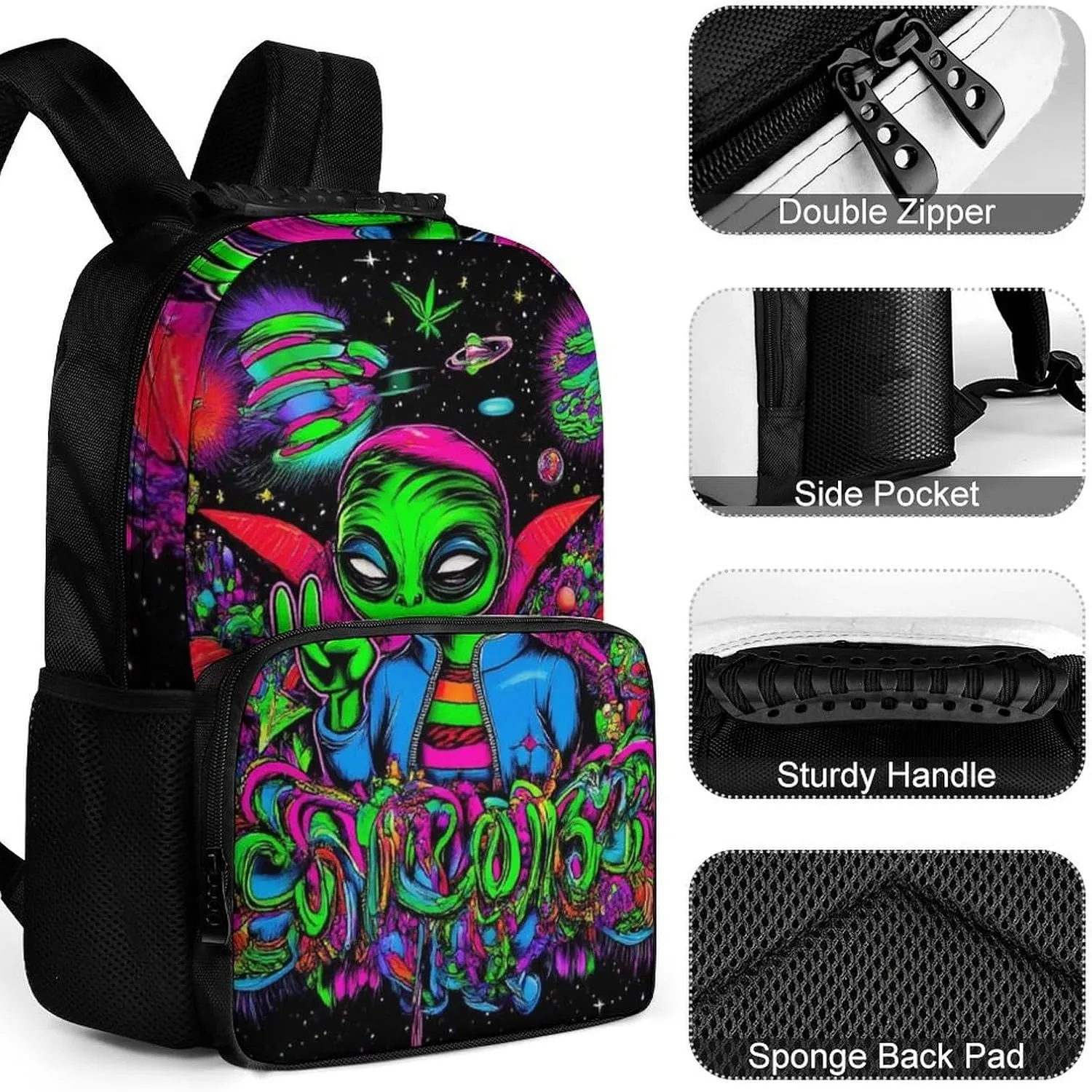 for Trekking Picnic Walking Cycling - Large Capacity Anti-Theft freezing ambitious Multipurpose Shoulder Bag, Trippy Space Alien Art Casual Daypack Supdreamc Polyester Daypack Backpack 