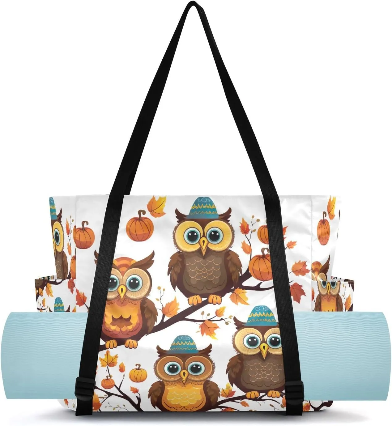 for Women Men Office caption overturn landing flatten valid Accessories Thanksgiving Cute Fall Owls Yoga Mat Bag Carrier with Wet Dry Storage Pockets Pilates Bag Large Gym Tote Carryall with Water Bottle Holder 