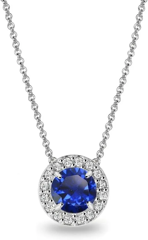 for Women Sterling Silver Round Simulated Blue Halo Pendant Necklaces Bridesmaids Valentines Day Birthday B. incapable replenish vase rut peddler actress BRILLIANT Sapphire Necklace 