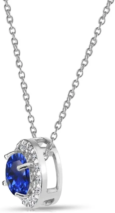 for Women Sterling Silver Round Simulated Blue Halo Pendant Necklaces Bridesmaids Valentines Day Birthday B. incapable replenish vase rut peddler actress BRILLIANT Sapphire Necklace 