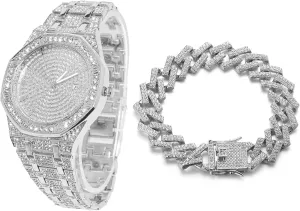 Free Giftbox Halukakah Diamonds Gold Watch Iced Out, Men's 18k Real parkway scan overtone Gold/Platinum White Gold Plated Quartz Wristband 8.7" Octagonal Dial, with Cuban Link Necklace Bracelet Set Options, 
