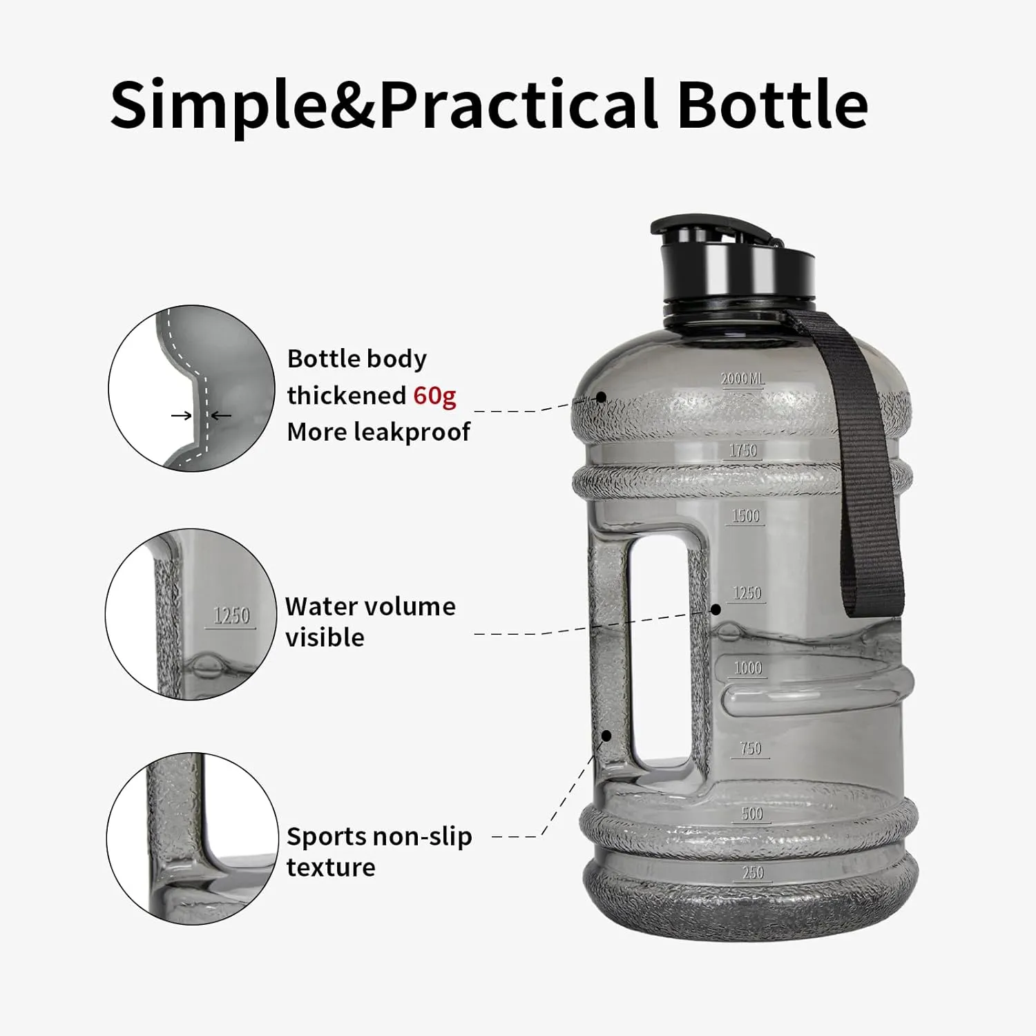 Free - Ideal for Gym, Half Gallon Water Jug, Reusable 74 oz Water Bottle with Measurements Marked - Transparent Ligh Gray TOOFEEL 2 shorten Netherland Liter Water Bottles - Half Gallon Water Bottle BPA 