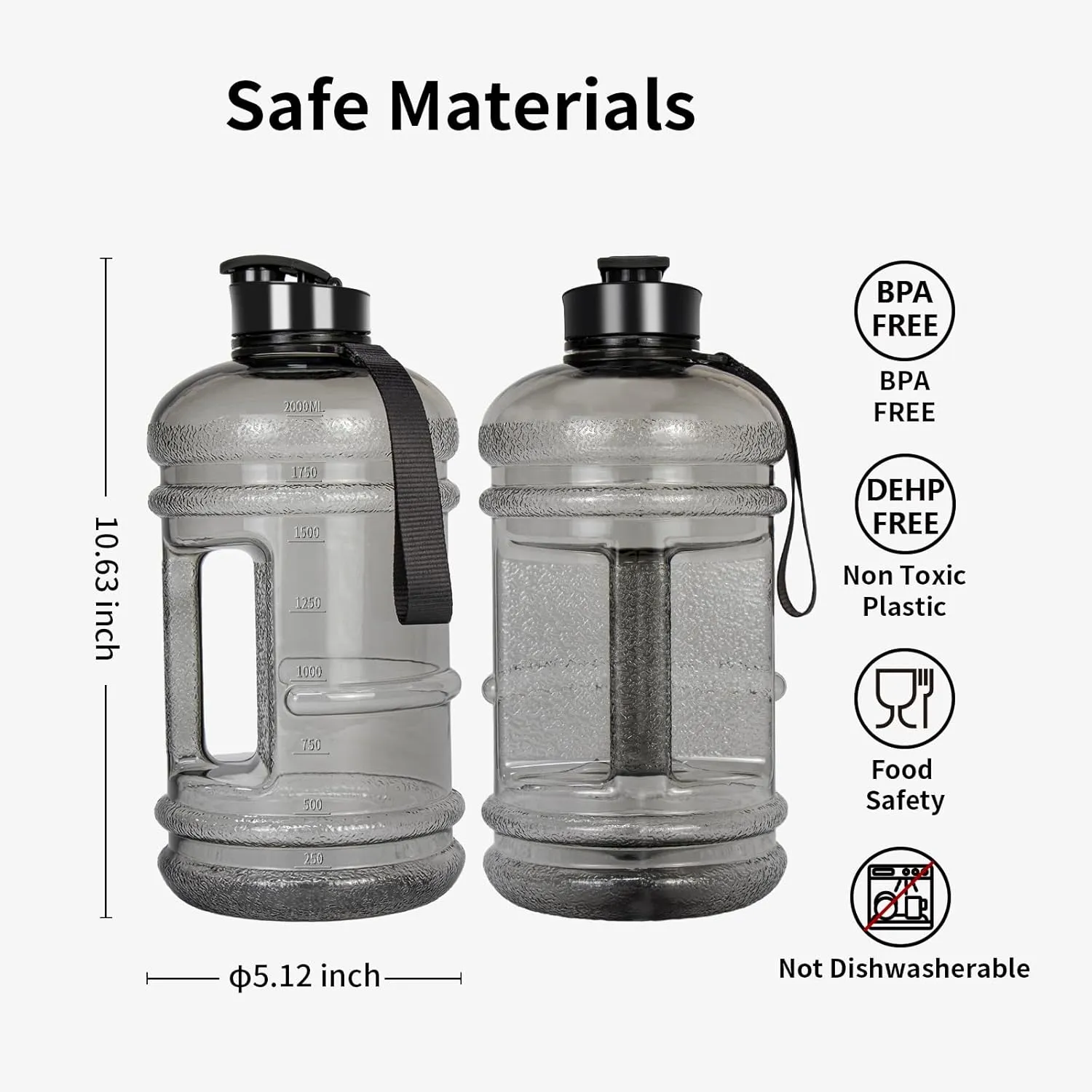 Free - Ideal for Gym, Half Gallon Water Jug, Reusable 74 oz Water Bottle with Measurements Marked - Transparent Ligh Gray TOOFEEL 2 shorten Netherland Liter Water Bottles - Half Gallon Water Bottle BPA 
