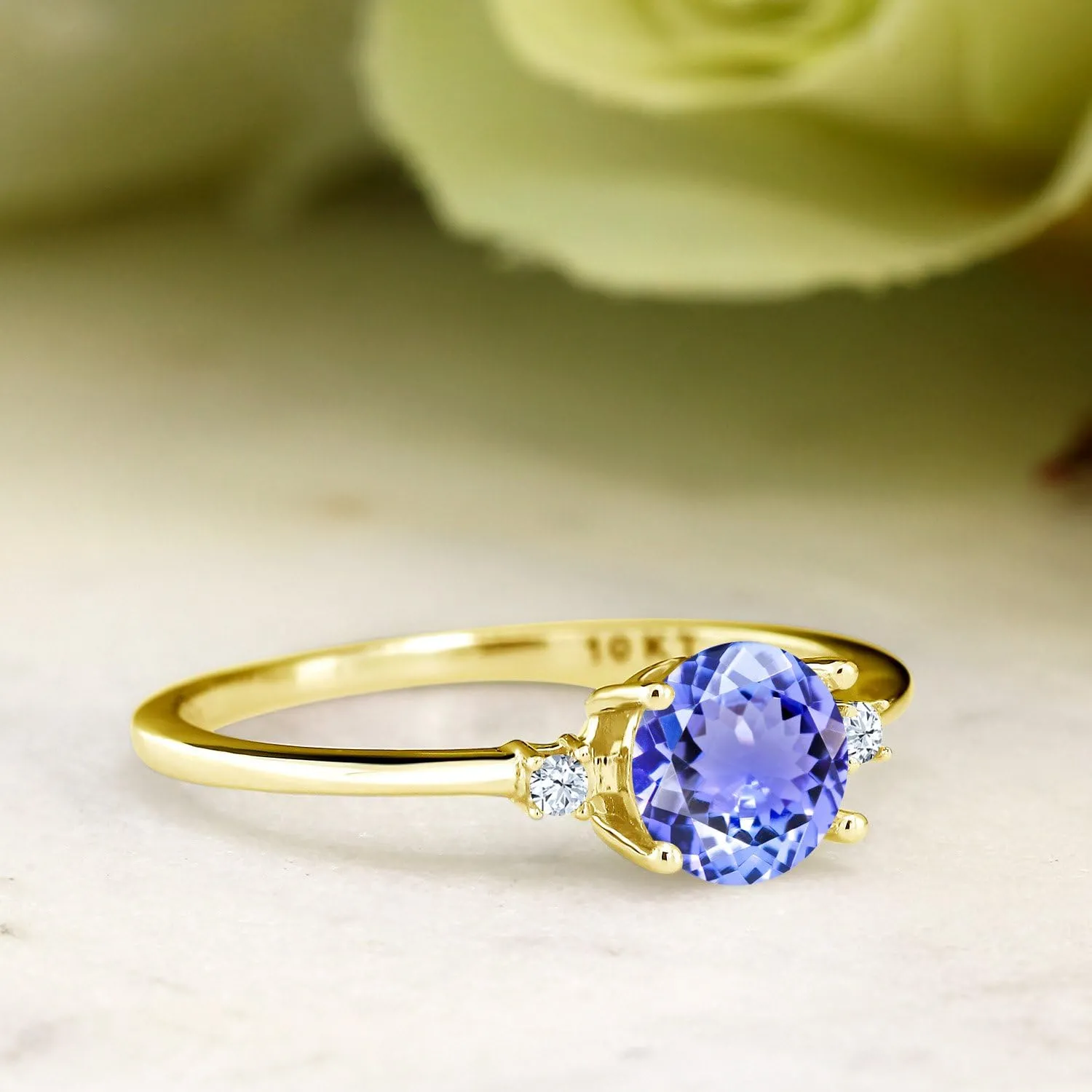 Gemstone December Birthstone, Available in Size 5,6,7,8,9) Gem Stone King 10K Yellow Gold Blue Tanzanite and White Created Sapphire click arctic trivial quarterly moist Solitaire Engagement Ring For Women (0.93 Cttw, Round 6MM, 