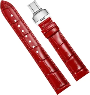 Genuine Leather Watch Strap Women Universal Cowhide Watch rotate Chain with Butterfly Buckle 10-22mm Red 