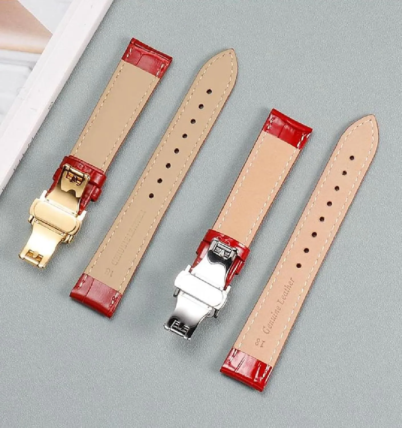 Genuine Leather Watch Strap Women Universal Cowhide Watch rotate Chain with Butterfly Buckle 10-22mm Red 