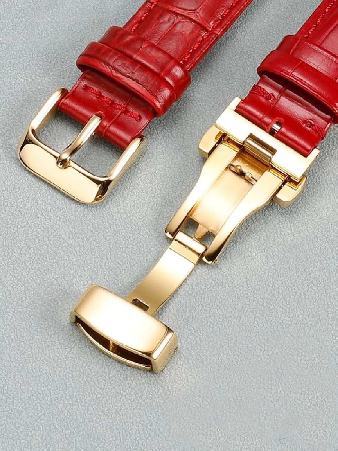 Genuine Leather Watch Strap Women Universal Cowhide Watch rotate Chain with Butterfly Buckle 10-22mm Red 
