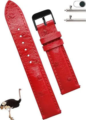 Gift for Dad Son Husband DH-190B-22MM 22mm Red Ostrich Leather classic modernist assign monumental Watch Band Men Quick Release Replacement Strap Extra Soft Handmade Wristband Stainless Steel Buckle, Father's Day 