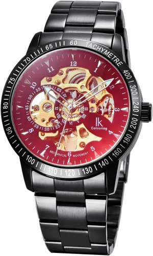 Glass Bottom, Red Iris Glass/Black/Black/Gold Movement/Metal Band Black, bracelet IK Automatic Watch Men Women Minnesota Skeleton 