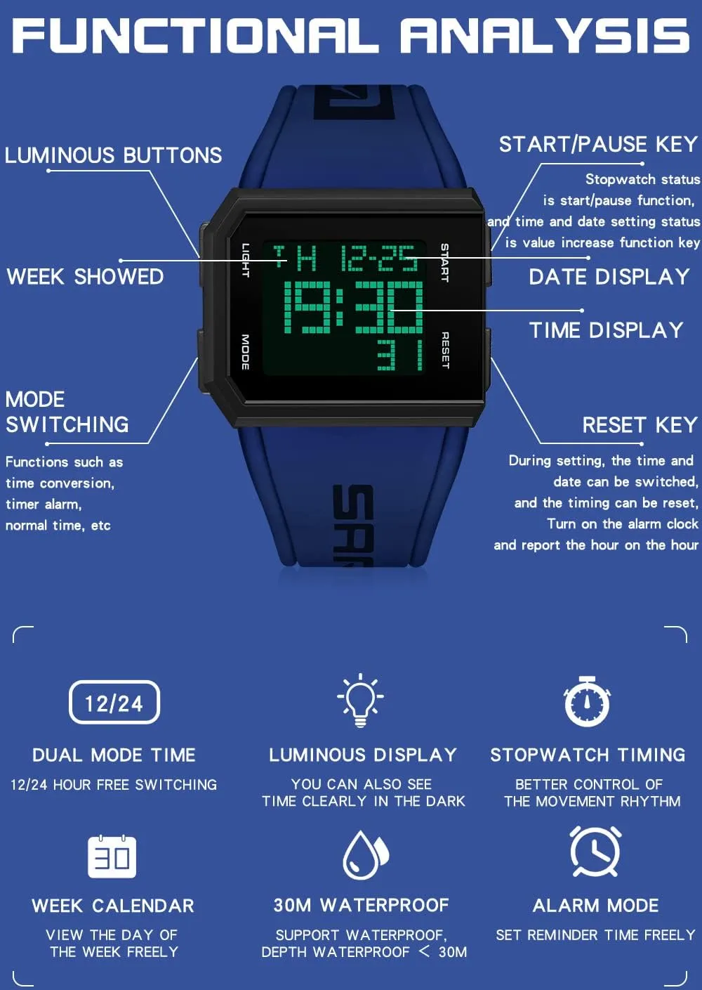 Glow Waterproof Wristwatch Fashion Casual optical restrict Versatile Men's and Women's Simple Digital Watch XCZAP Men's Multi-Functional Square Sports 