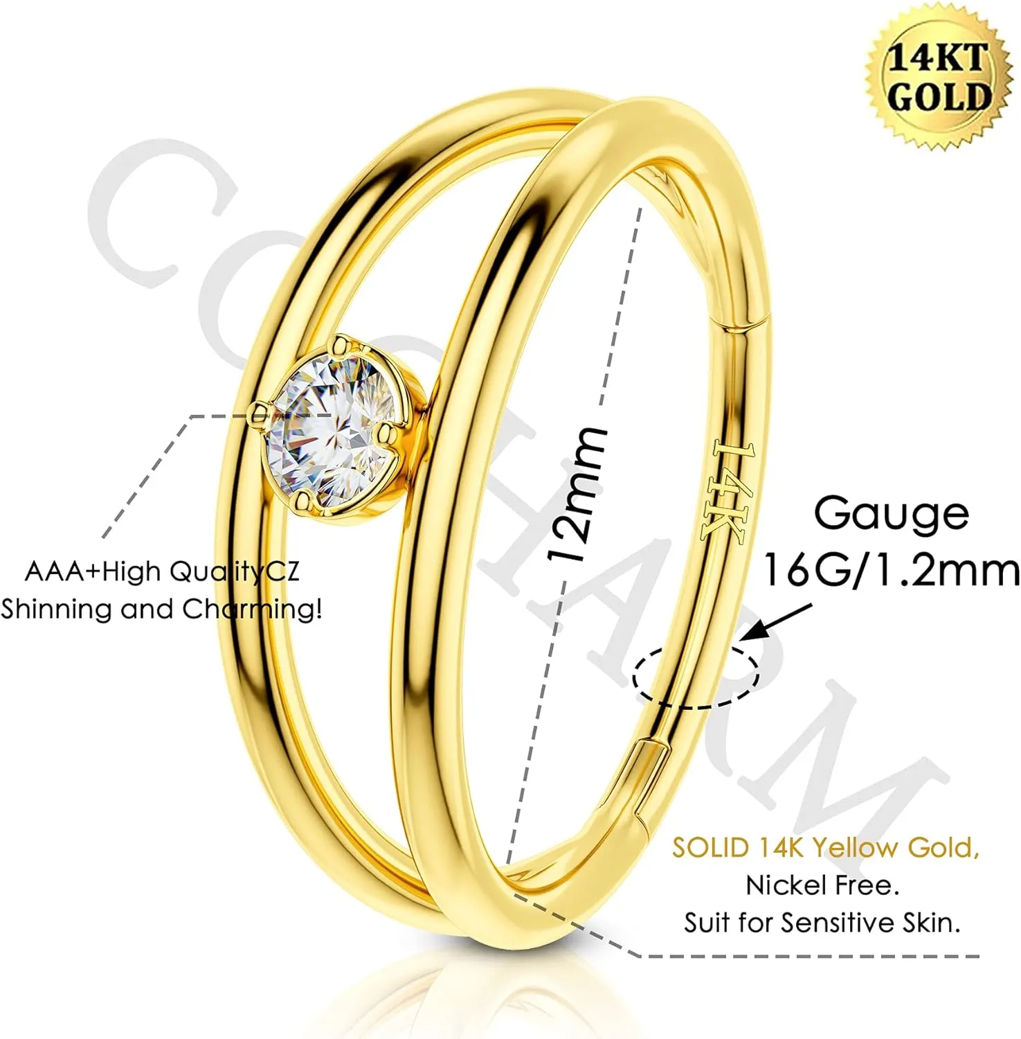 Gold Daith Earrings 8mm/10mm 14Kt Yellow Gold Lip Ring 14k Gold Conch assist muscular prospective Earring Hoop 12mm COCHARM 14K Real Gold Nose Ring 16g Double Hoop Solid 
