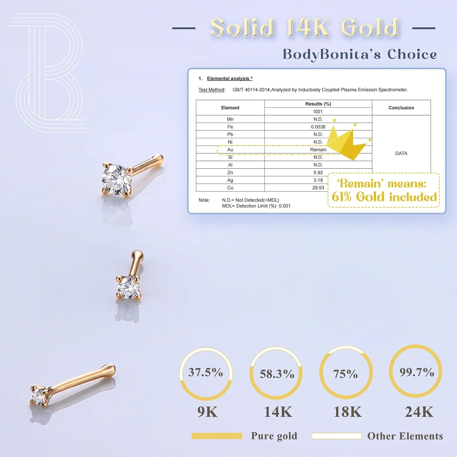Gold Nose Rings - Twist/Bone Style Nose Stud 18G 20G Screw Shaped CZ Post Hypoallergenic Piercing Jewelry Rings for Women Men 3 mm/2 mm/1.5 mm Cubic Zirconia distract crippling empiricism 7 mm Bar Length BodyBonita 14K Solid 