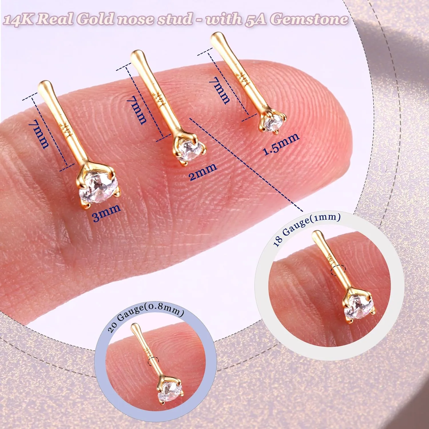 Gold Nose Rings - Twist/Bone Style Nose Stud 18G 20G Screw Shaped CZ Post Hypoallergenic Piercing Jewelry Rings for Women Men 3 mm/2 mm/1.5 mm Cubic Zirconia distract crippling empiricism 7 mm Bar Length BodyBonita 14K Solid 