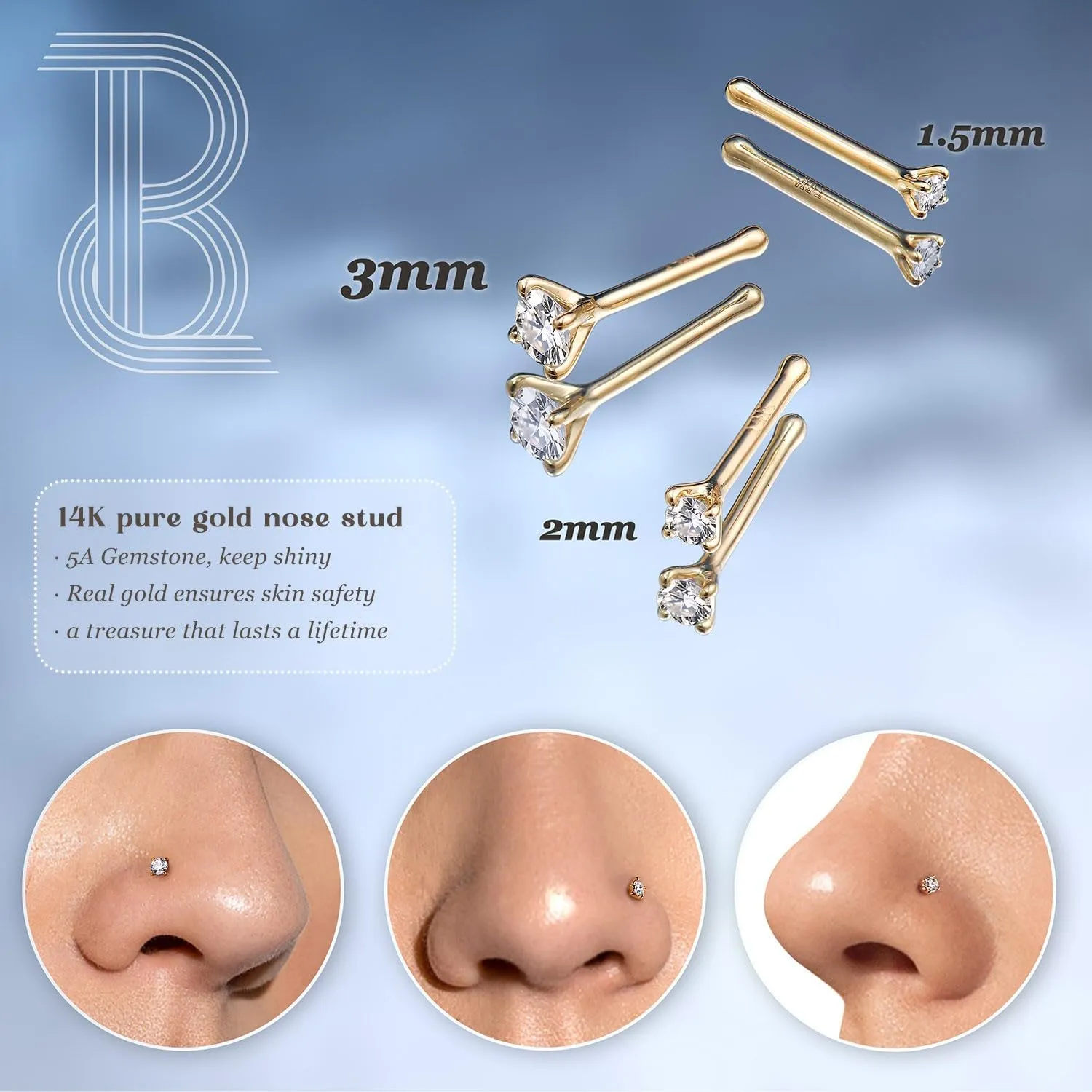 Gold Nose Rings - Twist/Bone Style Nose Stud 18G 20G Screw Shaped CZ Post Hypoallergenic Piercing Jewelry Rings for Women Men 3 mm/2 mm/1.5 mm Cubic Zirconia distract crippling empiricism 7 mm Bar Length BodyBonita 14K Solid 