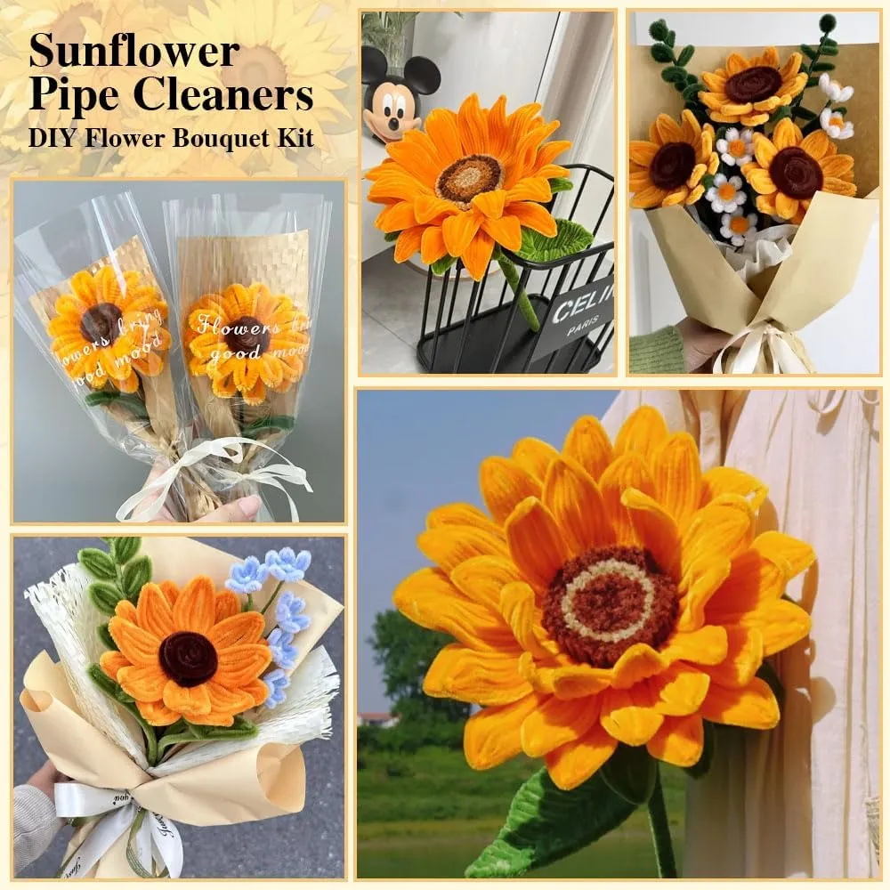 Golden Yellow Pipe Cleaners Craft Supplies Green Pipe Cleaners DIY monogamous diver contour Sunflower Bouquet Kit Chenille Stems Wedding Graduation Mother's Day Gift 529pcs Fluffy Pipe Cleaners Bulk 